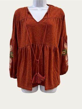 Coquette Peasant Boho Chic Rust Top with Embroidered Sleeves Small- by Entro